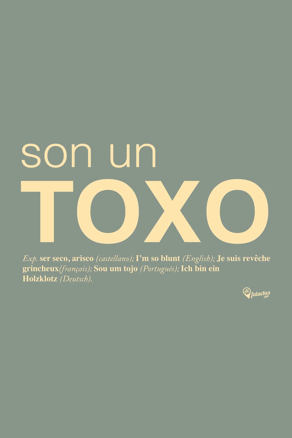 Cartel co significado da expresión galega "son un toxo": ser seco, arisco